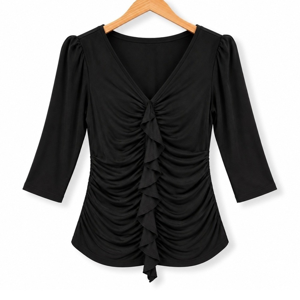 Dennis Basso Top Womens XS Black Italia Knit Cascade Ruffle Front Office A681191